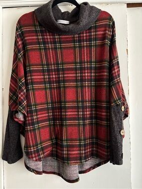 Chris & Carol Red Plaid Cowl-Neck Sweater with Charcoal Trim